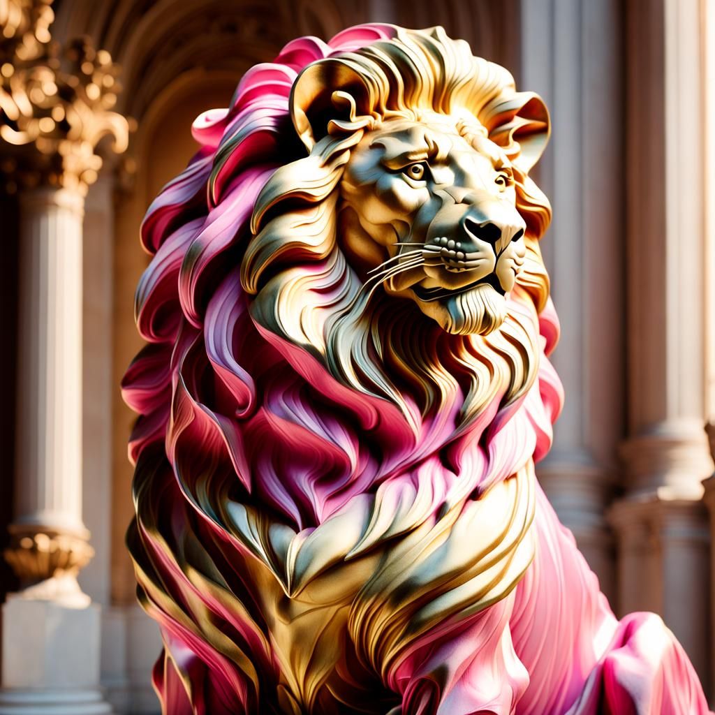 Pink Velvet Lion Sculpture in Baroque Style