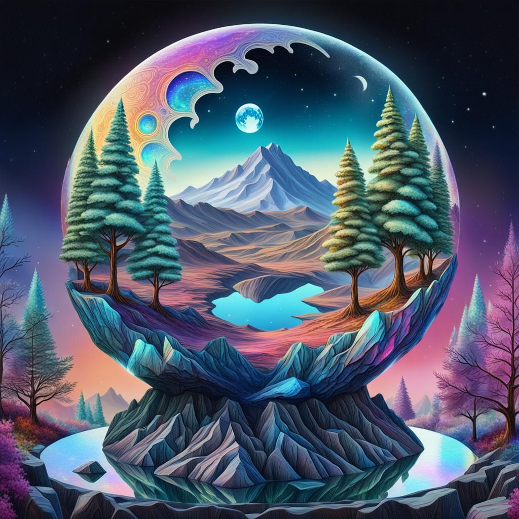 Cosmic Mountain Range with Glowing Apple
