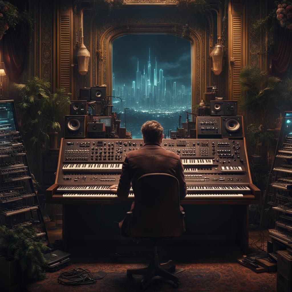 Dramatic Synthesizer in Digital Matte Painting Style