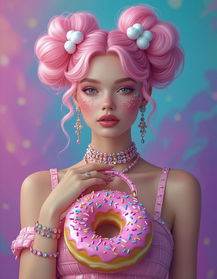 Cotton Candy Woman with Donut Purse in Fantasy Realism
