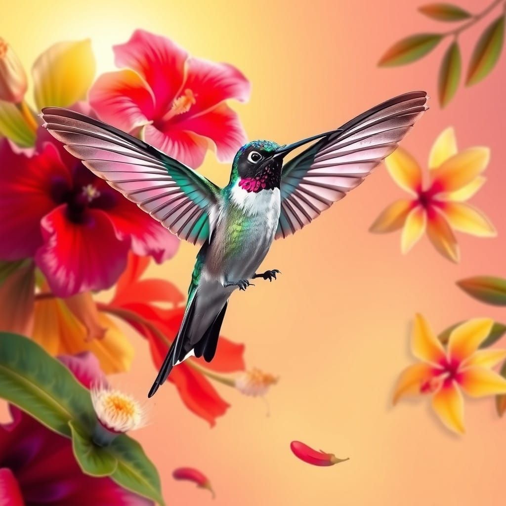 Hummingbird in Tropical Paradise, Iridescent Wings and Vibra...