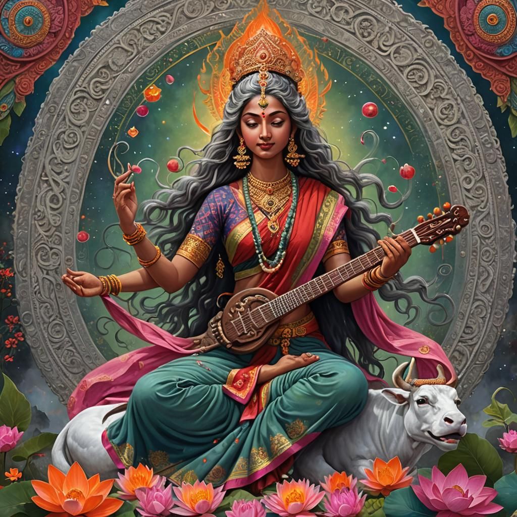 Cosmic Hindu Goddess Playing Sitar in Digital Art