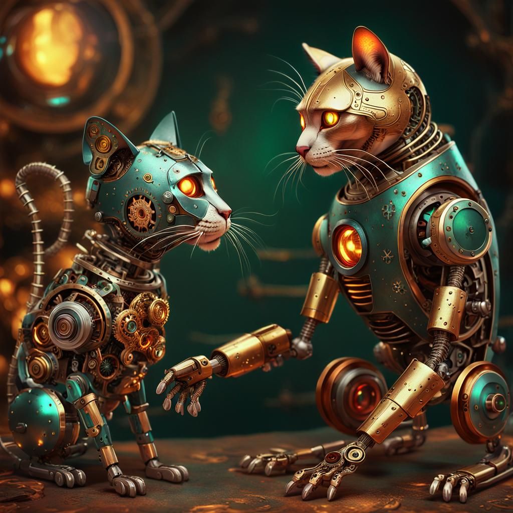 Fantastical Robot Cat Roasts Steampunk Mouse in Golden Light