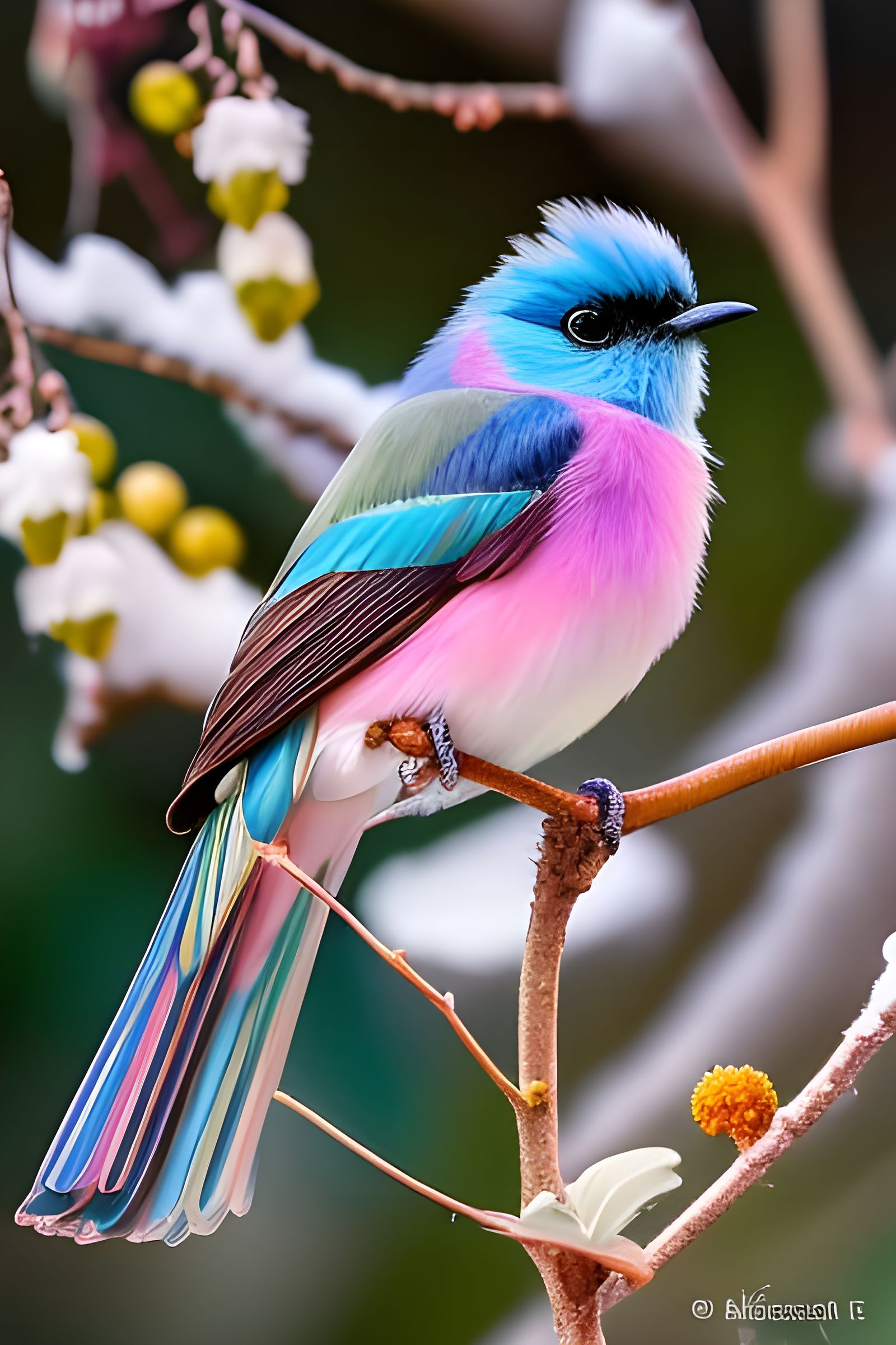Colorful Bird on Blossom Tree: Surreal Portrait