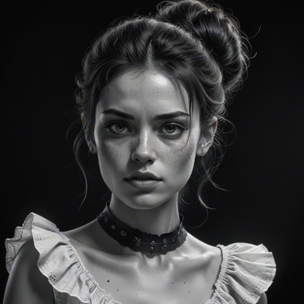 Realistic Portrait of a Woman with Tousled Hair and Intense ...