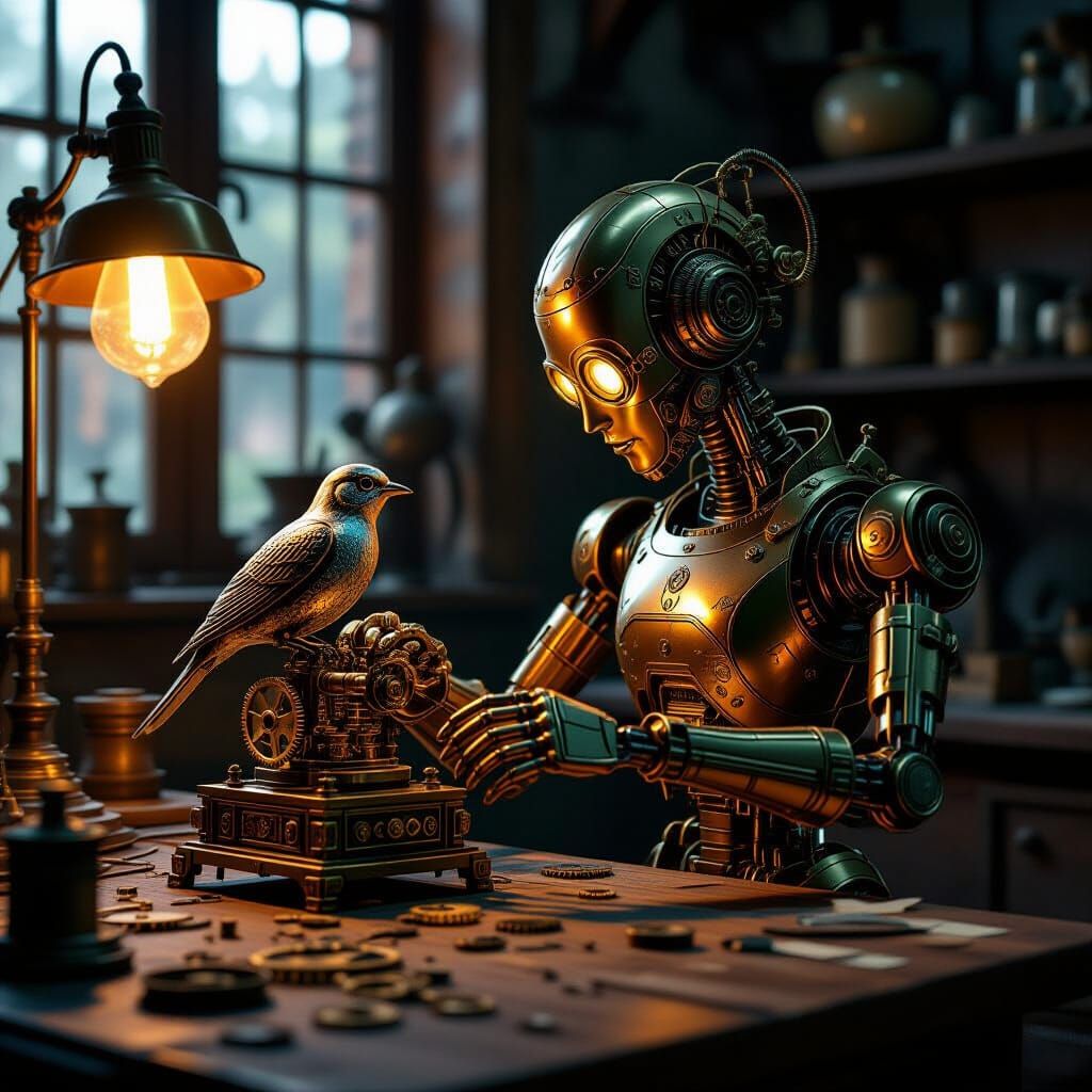 Automaton Assembling Clockwork Bird in Steampunk Workshop