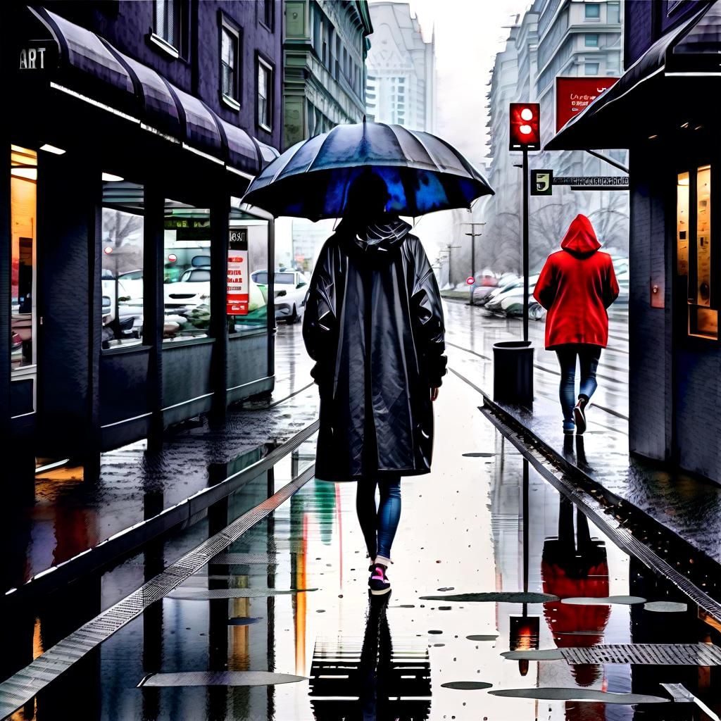 Melancholic Watercolor Portrait of a Young Woman in the Rain