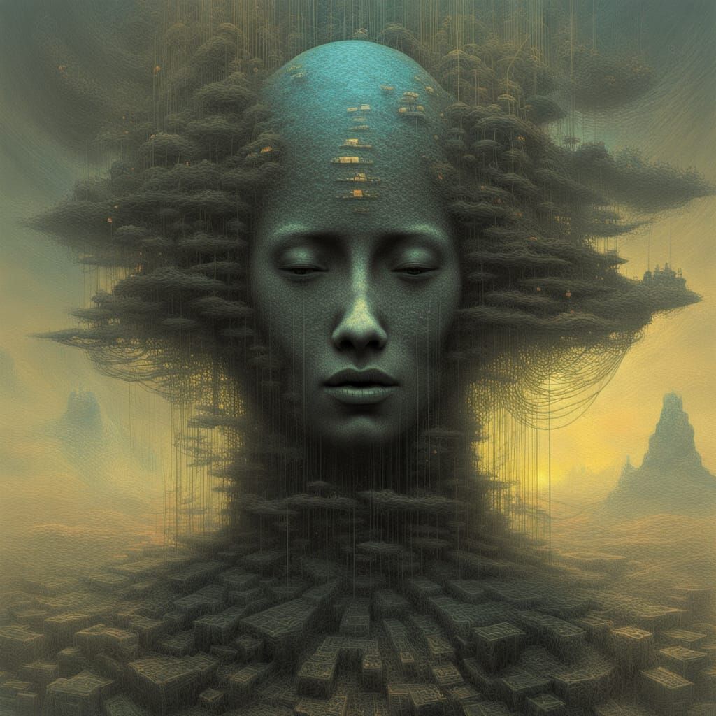 Surreal Holographic Glitch Art in Dark Biometric Style