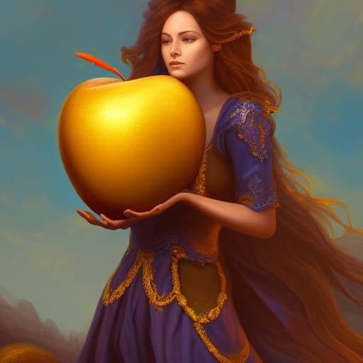 Woman with Giant Golden Apple in Detailed Matte Painting