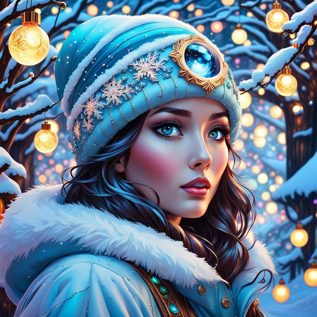 Wide-Eyed Girl Amidst Christmas Lights