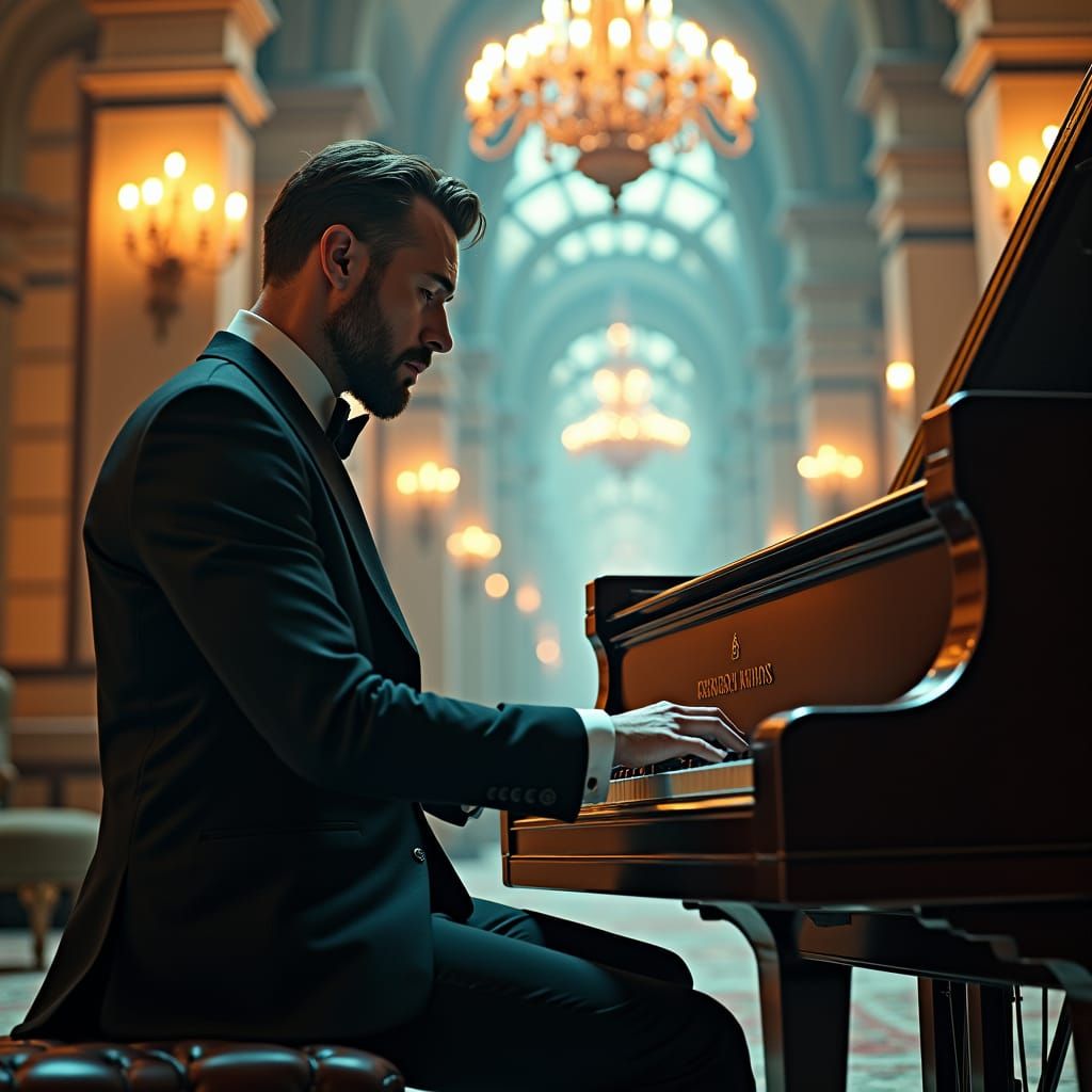 Man at Piano in Dreamlike Concept Art