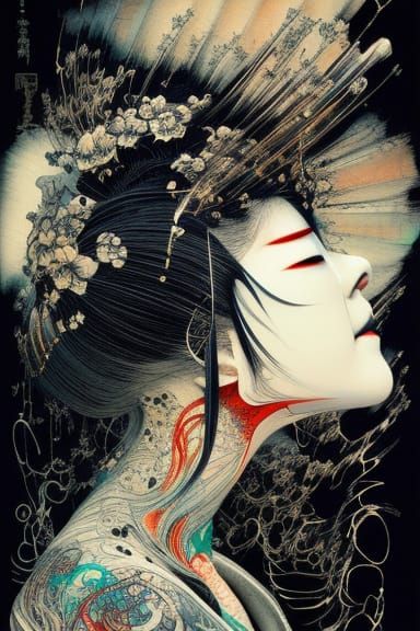 Elegant Geisha in Black Ink Flowing Gouache