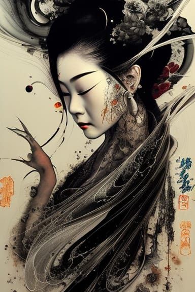 Geisha in Black Ink Flow Gouache Painting