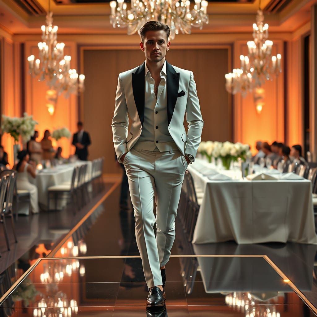 Elegant Man Struts Luxury Fashion Gala Runway