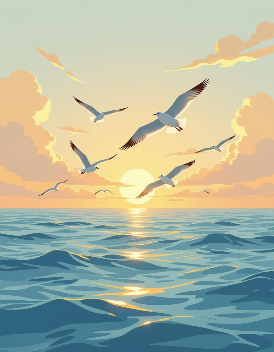 Seagulls Soaring Above Ocean Horizon in Dreamy Style