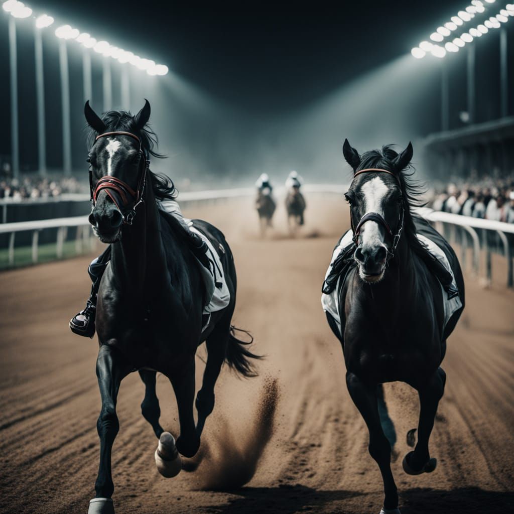 High-Contrast Black and White Horse Racing Portrait