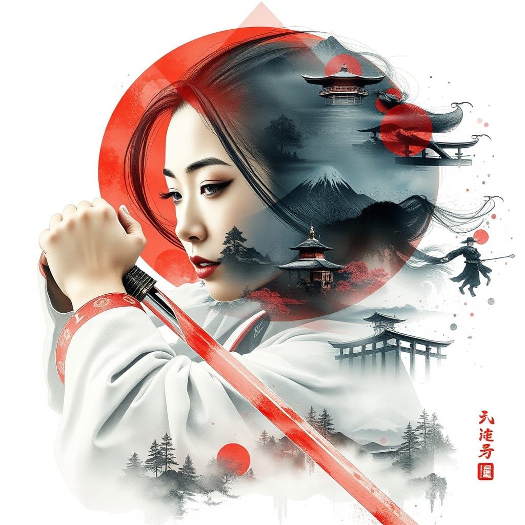 Swordmaster, Double-Exposure Portrait in Watercolor Style