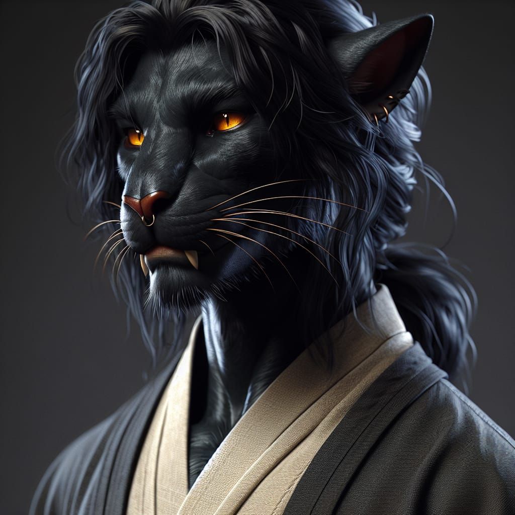 Feline Humanoid: Moonlit Monk with Amber Eyes