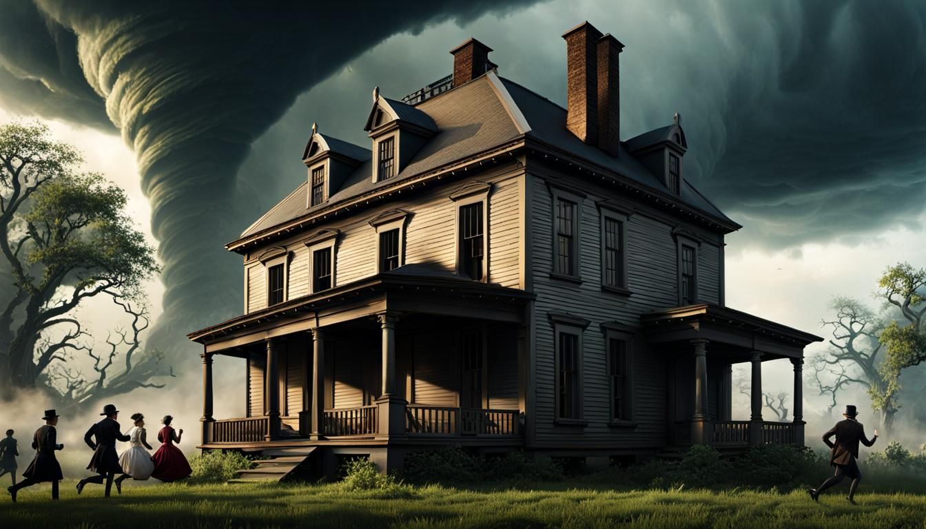 Turbulent Tornado Sweeps House in Ukiyo-e Style