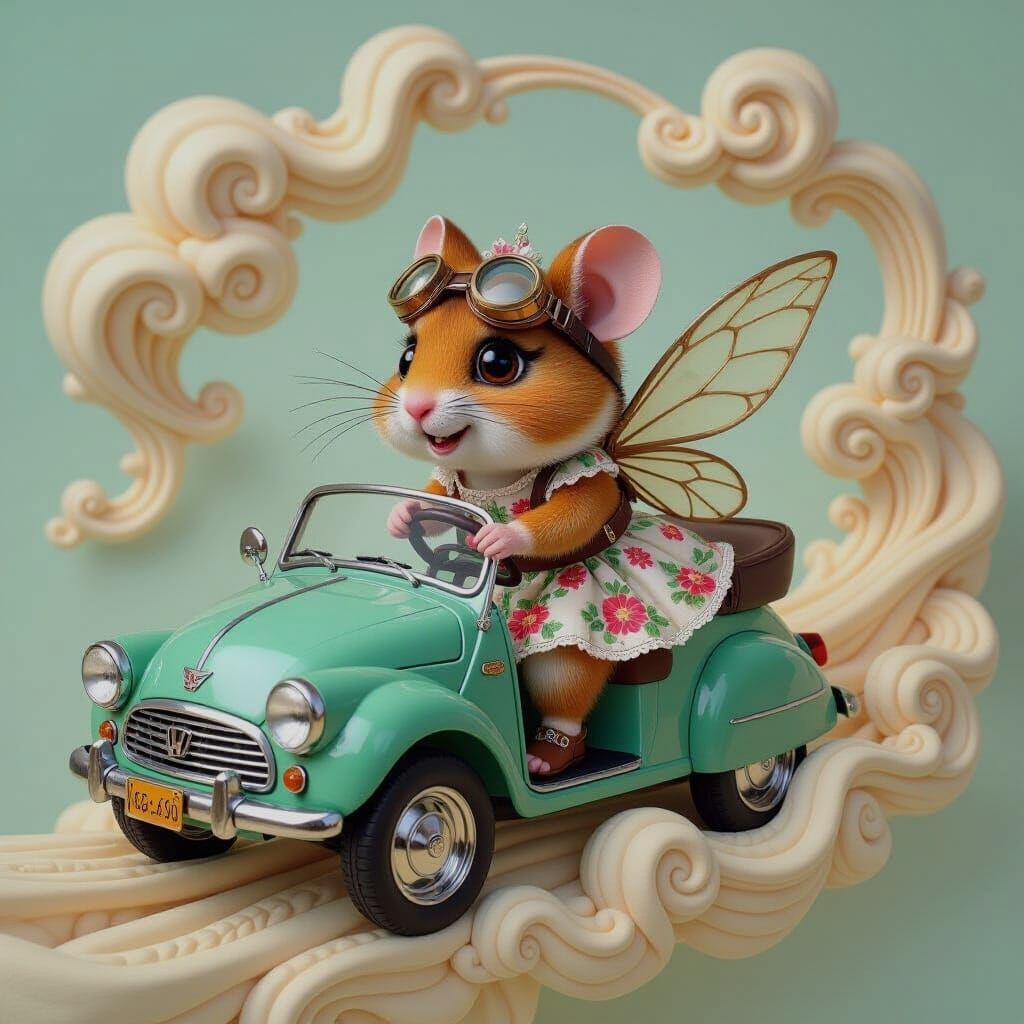 Hamster-Faerie Drives Steampunk Car in Whimsical 3D Portrait