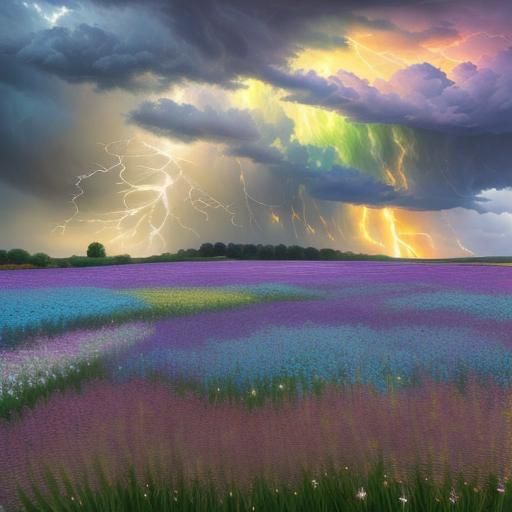 Impressionist Stormy Sky Over Flower Field