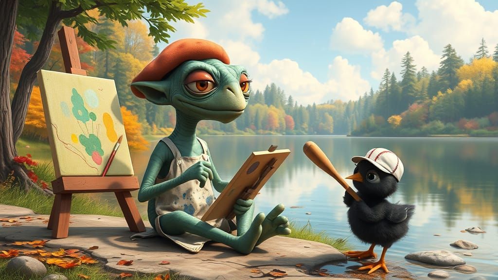 E.T. Enjoys Whimsical Lake Scene in Colorful 3D Cartoon Styl...