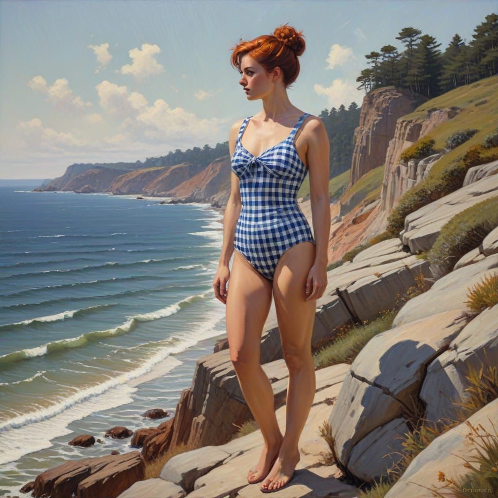 Woman on Cliff Overlooking Beach in Oil Painting Style