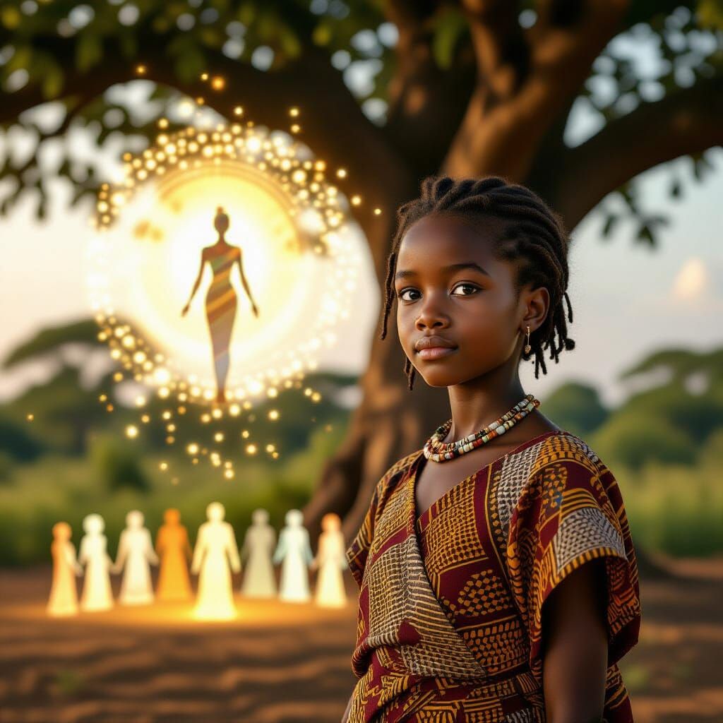 African Girl Meets Celestial Beings in Golden Hour Digital P...