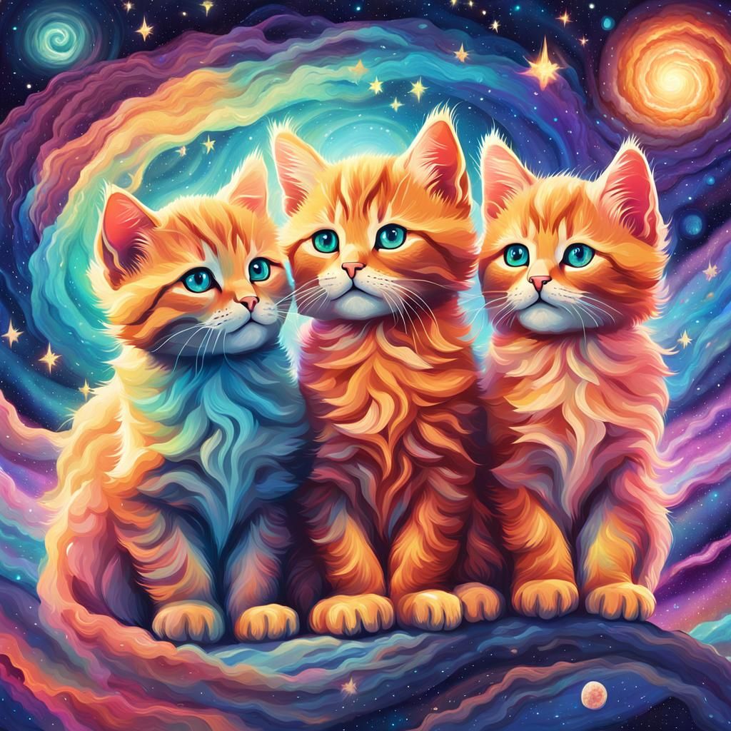 Ginger Kittens in Astral Sky, Mixed Media Illustration