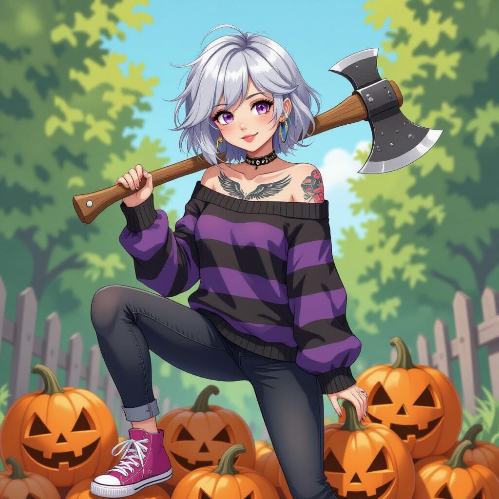 Anime Emo Woman with Wing Tattoo and Fire Axe