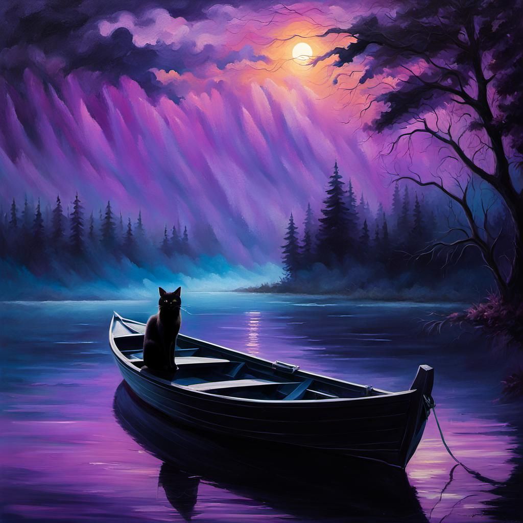 Eerie Lake Scene: Black Cat in Dark Fantasy Art