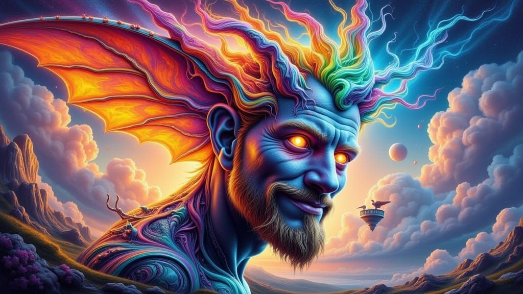 Surreal Rainbow Portrait on Floating Island as Impasto Art