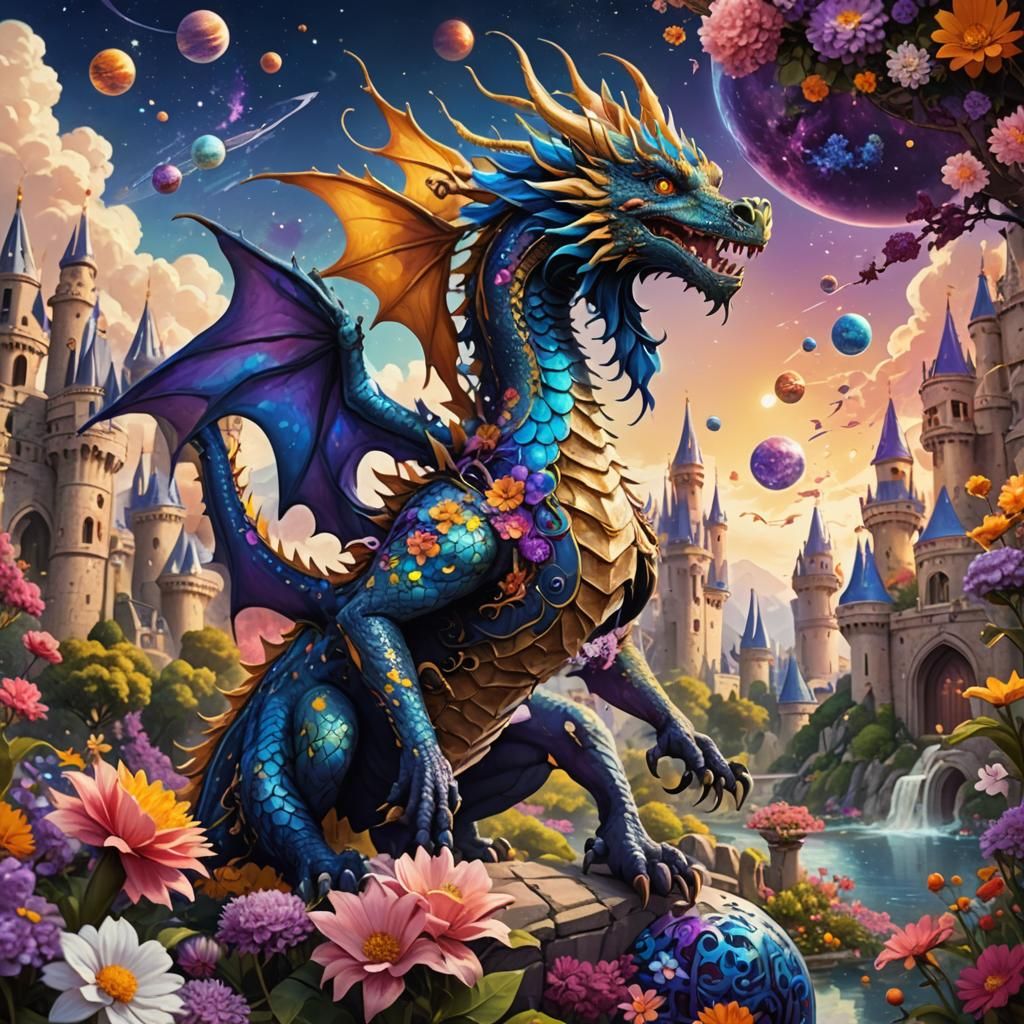 Fantasy Flower Dragon Flying Over Flower Castle