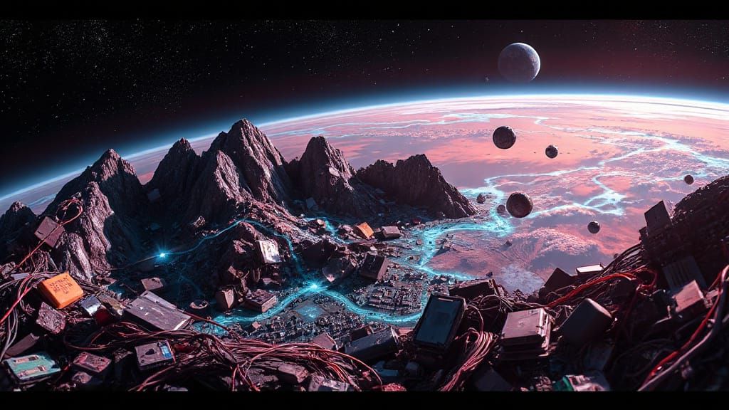Surreal Cyberpunk Planetscapes of Electronic Trash and Circu...
