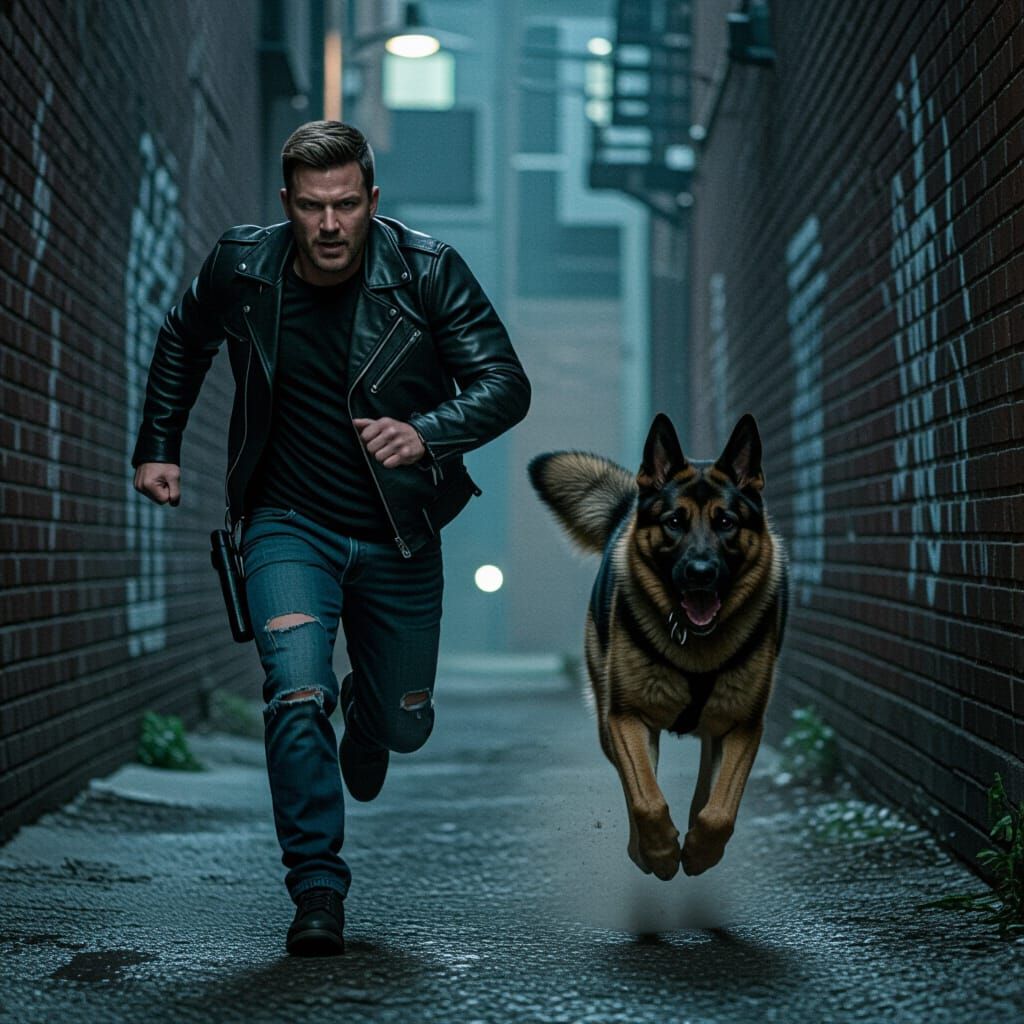 German Shepherd Police Dog Chase in Cyberpunk Alley