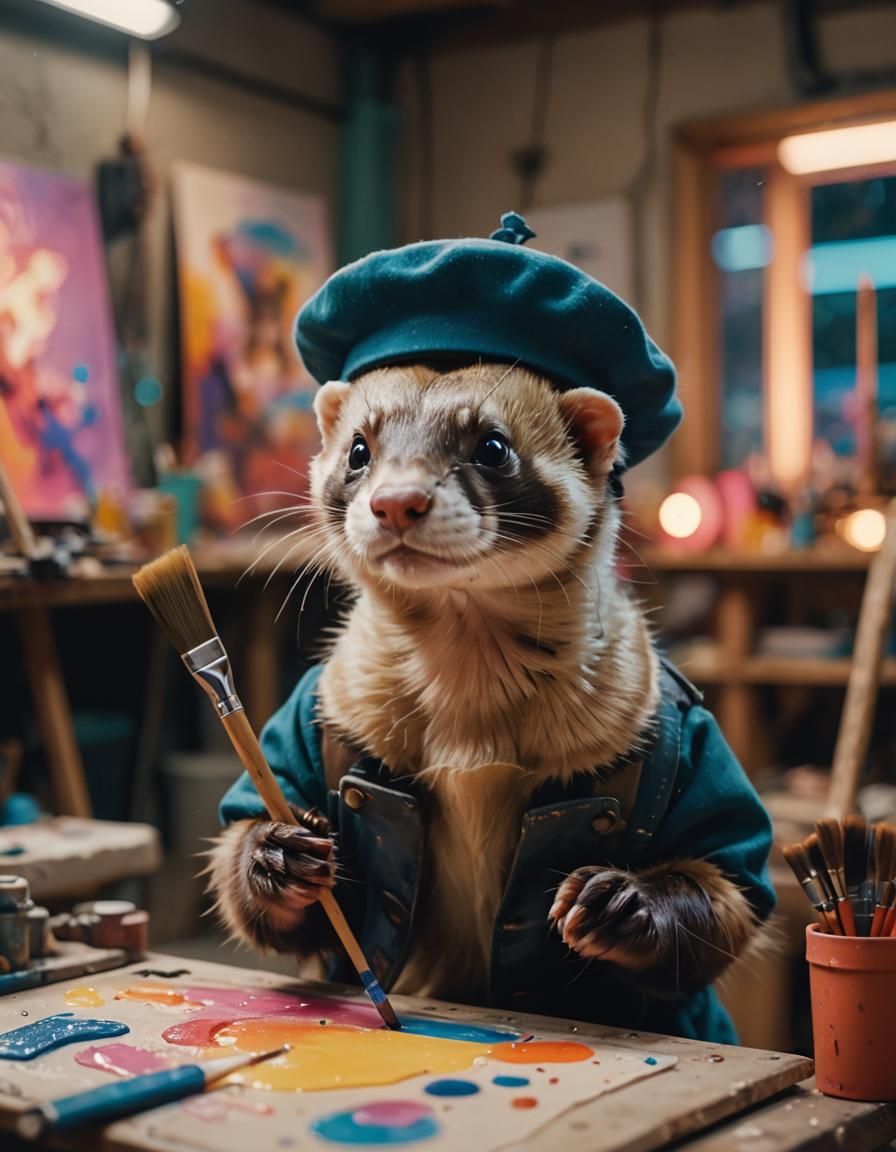 Ferret Artist in Futuristic Workshop: Cinematic Film Still