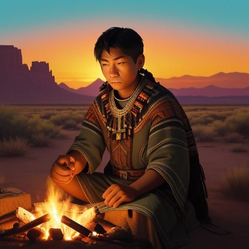 Navajo Boy by Campfire at Sunset
