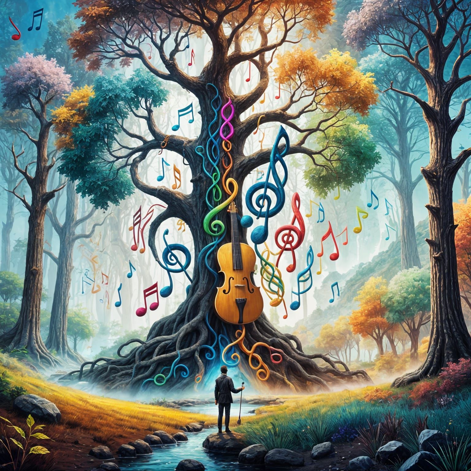 Musical Landscape with Colorful Spectrum Person, Detailed Ma...