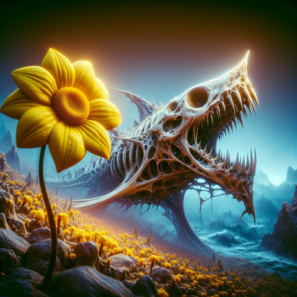 Ethereal Yellow Flower Amidst a Horror Sharktooth Skeleton L...