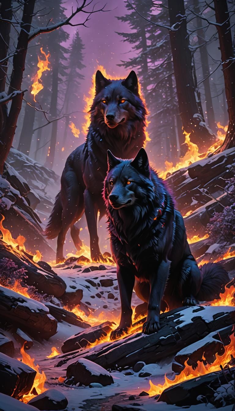 Nordic Wolf in Fire and Ice, Dark Fantasy Art