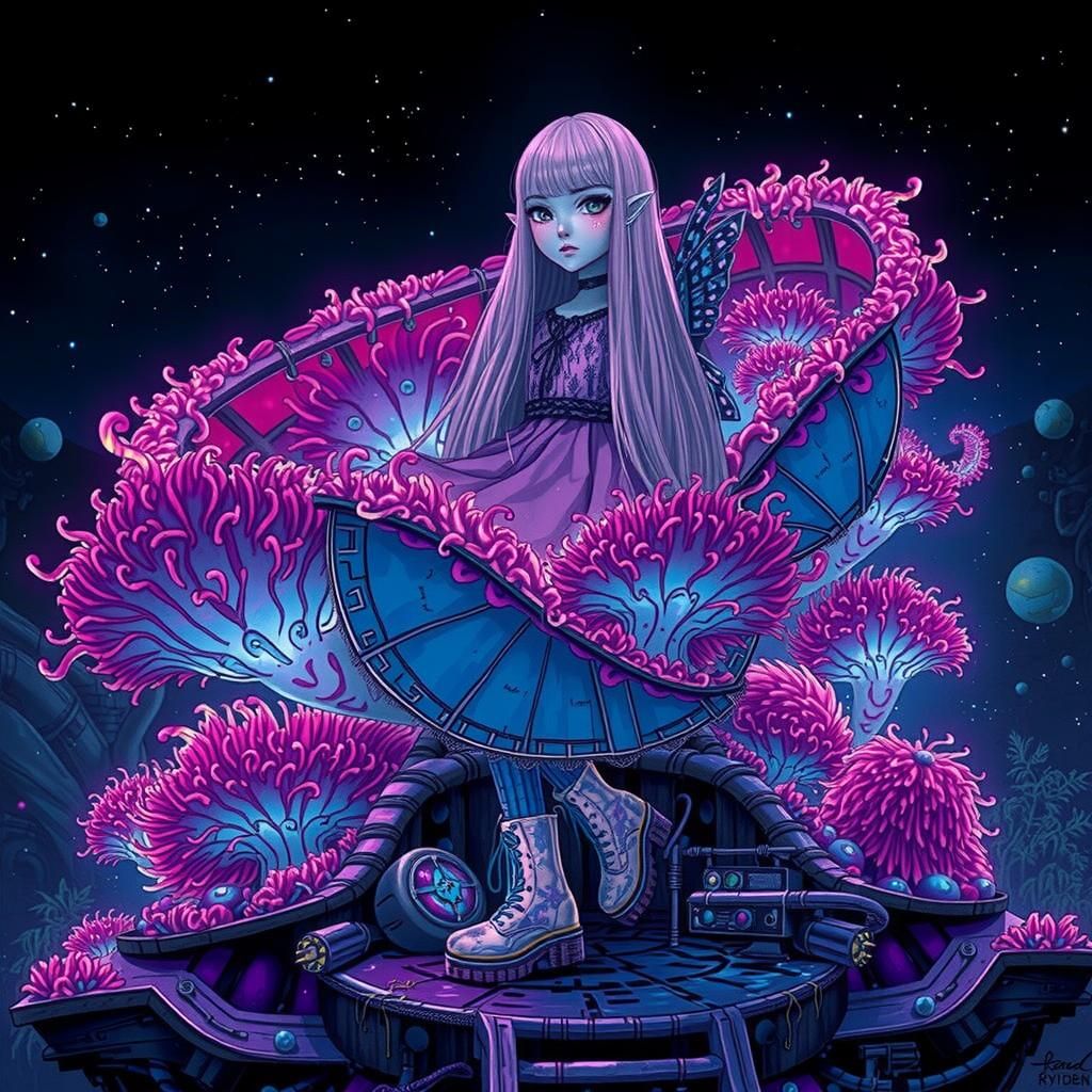 Pastel-Goth Alien Girl in Ruined Observatory