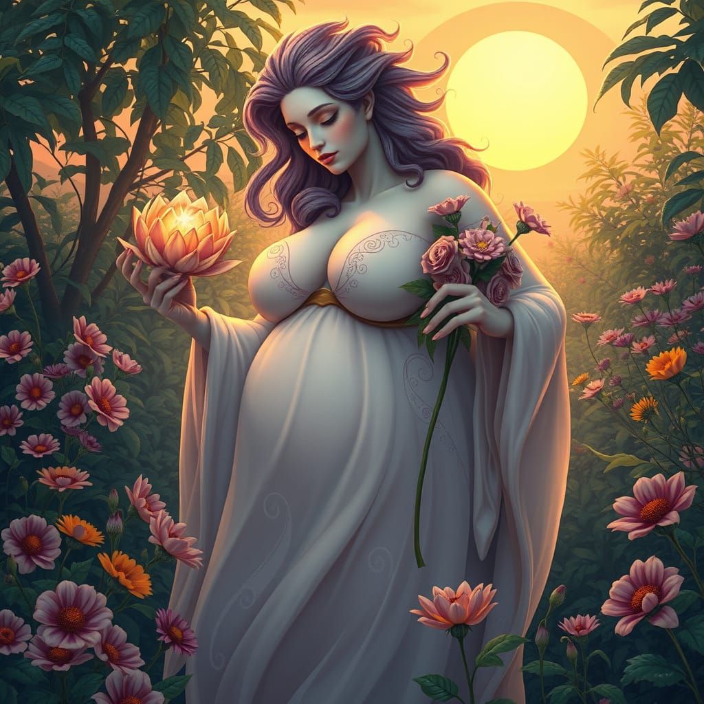 Goddess of Fertility in Vibrant Garden Scene