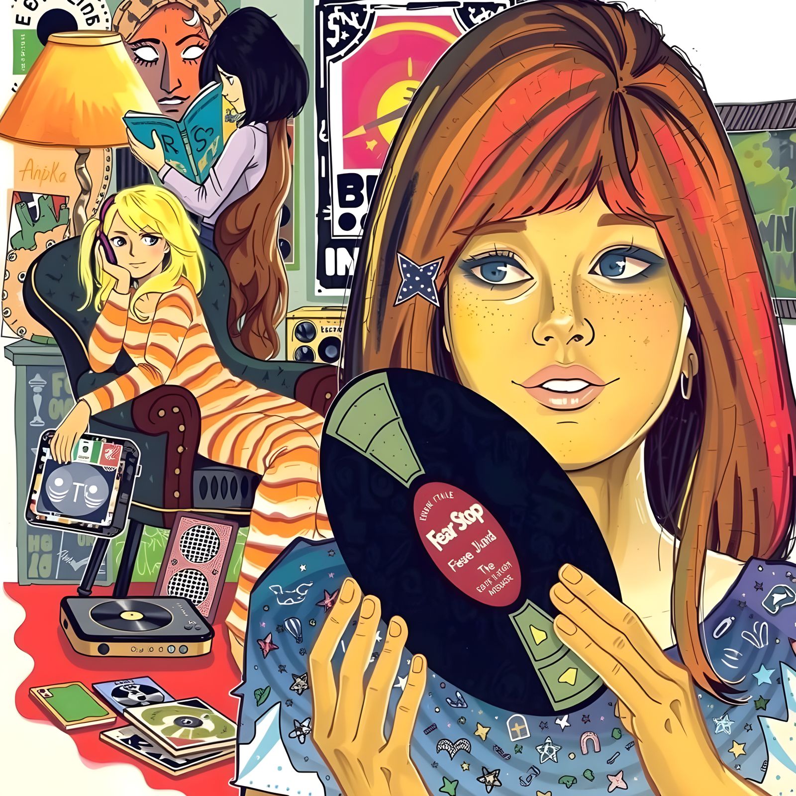 Becky Listening to Music, Gouache Hyperdetailed Art