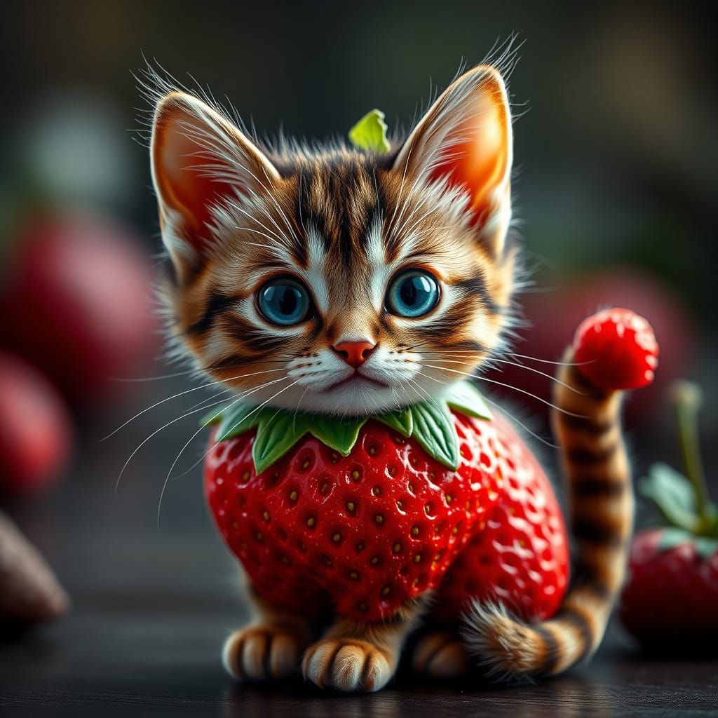 Cute Strawberry Cat in Hyperrealistic HDR Style