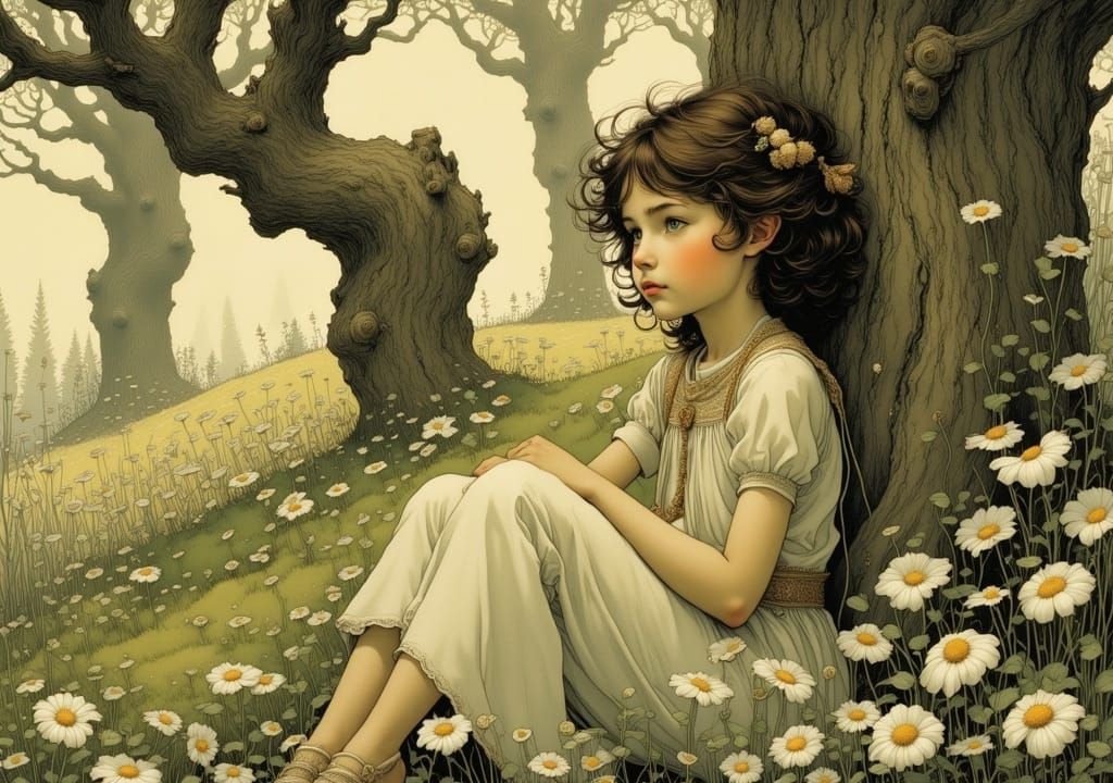 Girl in Garden, Art Nouveau Dreamscape