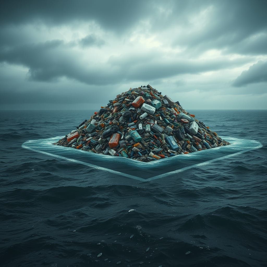 Massive Plastic Waste Island on Dark Ocean, Environmental De...