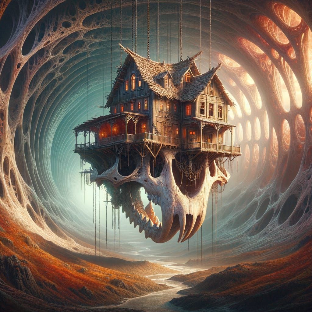 Rustic House in Giant Ribcage Suspended in Cavern