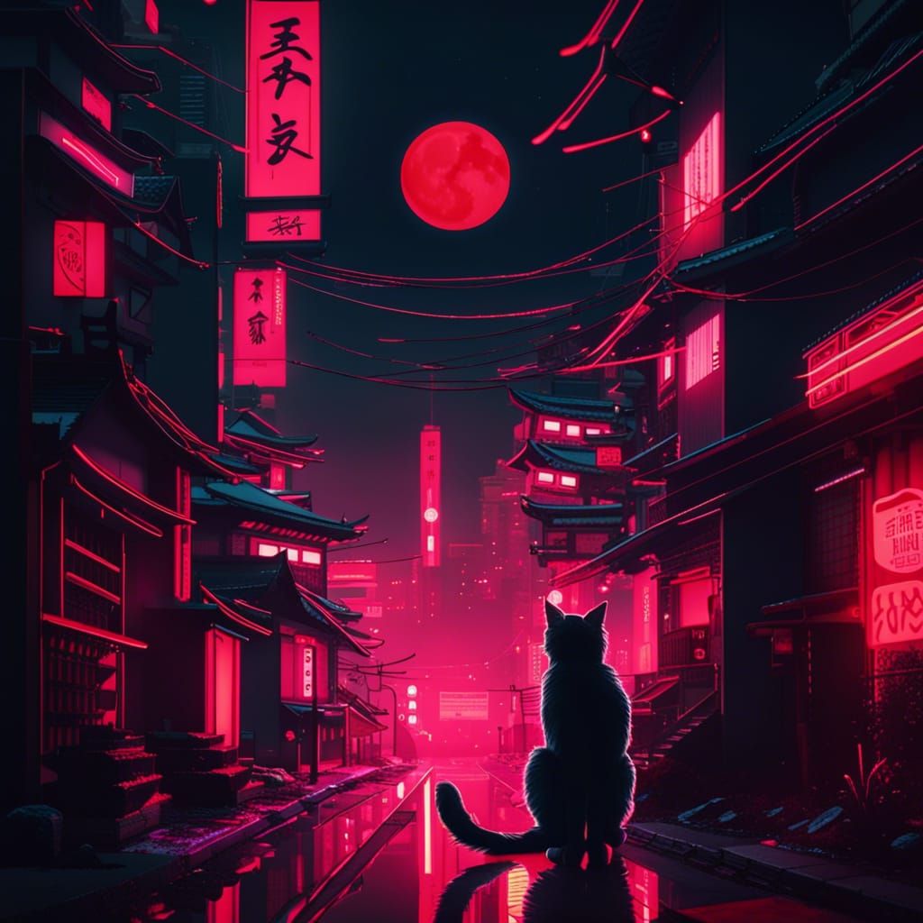Cat in Cyberpunk Japanese Street Under Red Moon