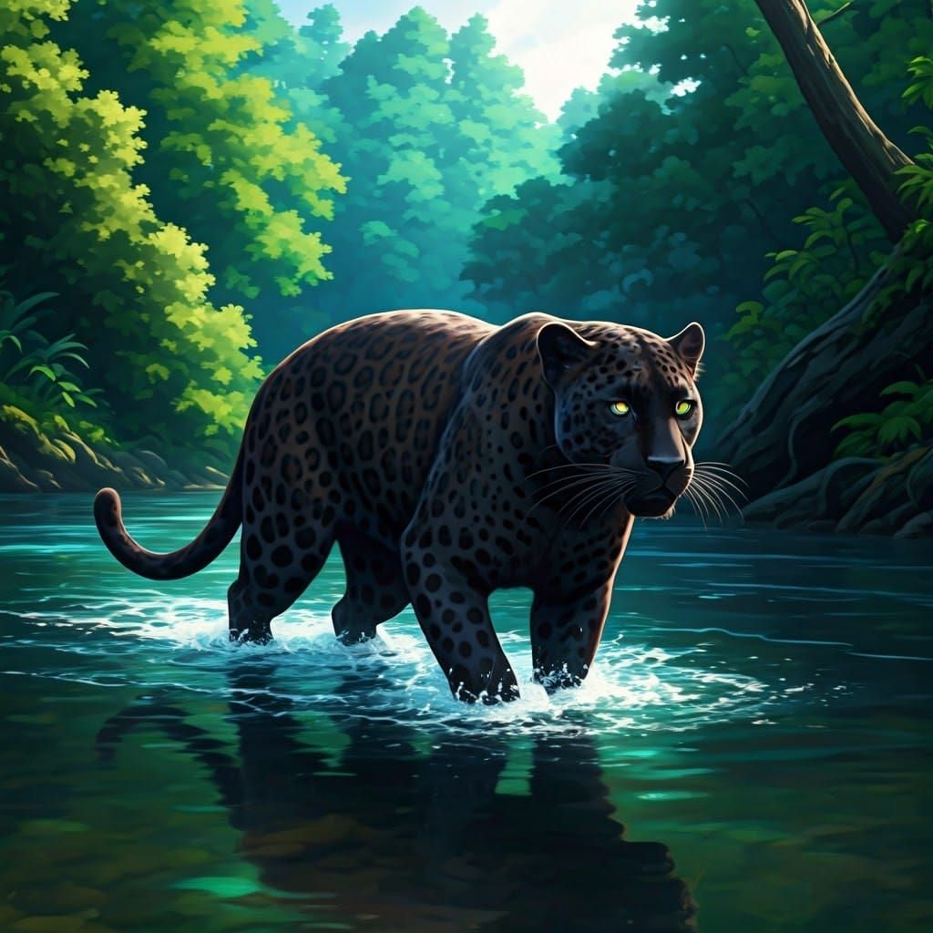 Majestic Black Panther in Vibrant Forest Landscape