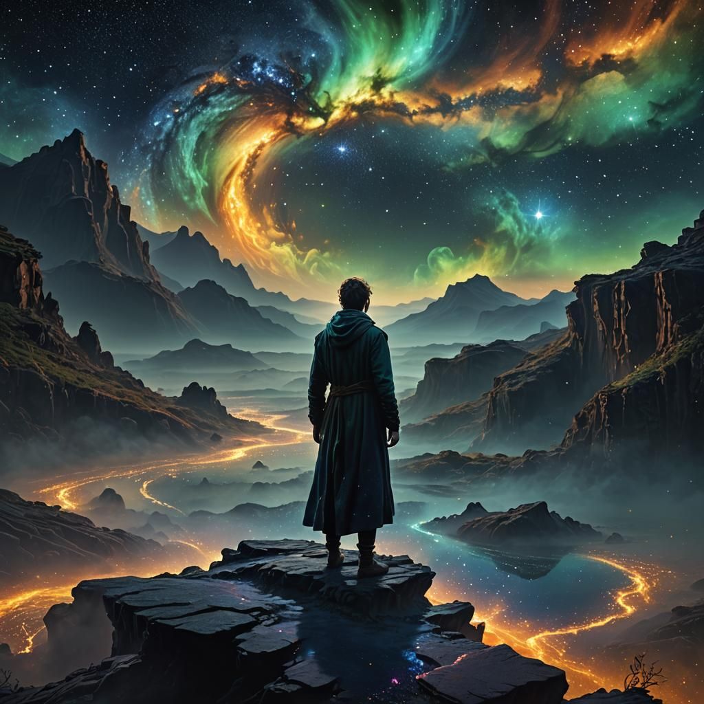 Lone Figure at Starry Abyss: Fantasy Landscape